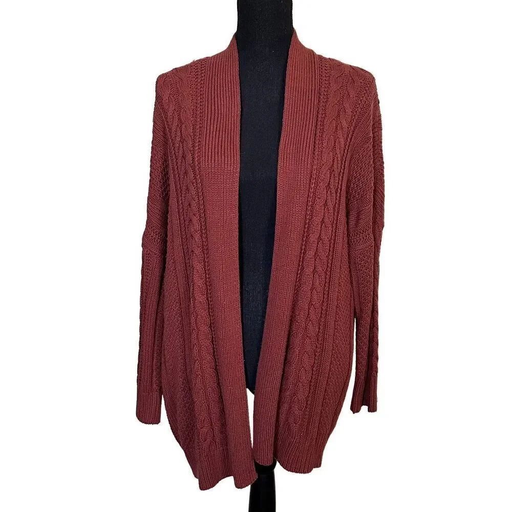 debut Burgundy Cable Knit Open Sweater Cardigan Size Medium/Large